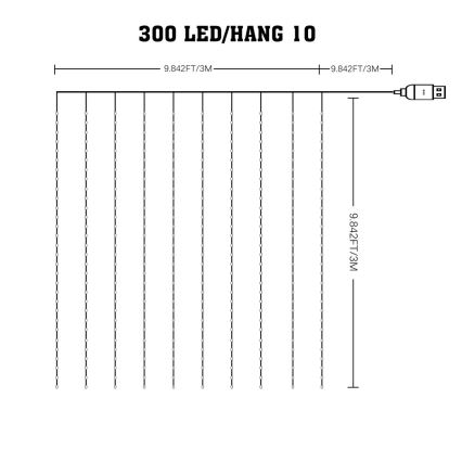 Cortina de Natal LED RGB com regulação WIZARD 300xLED/USB 3x3m + comando