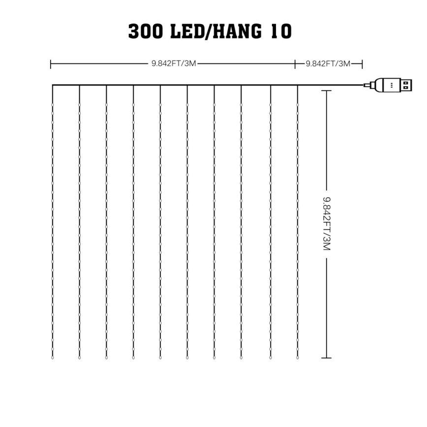 Cortina de Natal LED RGB com regulação WIZARD 300xLED/USB 3x3m + comando