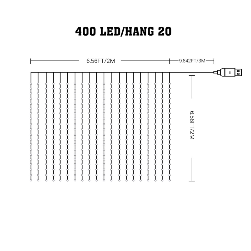 Cortina de Natal LED RGB com regulação WIZARD 400xLED/USB 2x2m + comando
