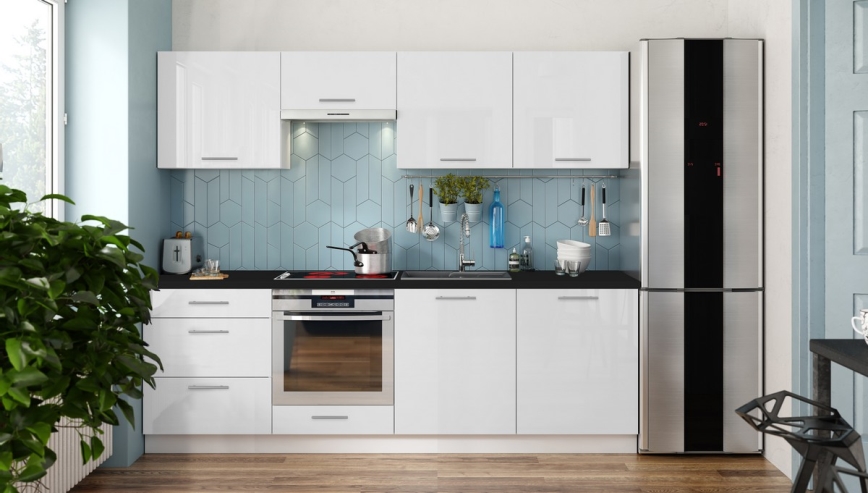 Cozinha CELESTE 240 cm, acabamento branco brilhante