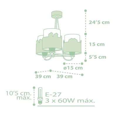Dalber 61717H - Candelabro de criança SWEET LOVE 3xE27/60W/230V verde