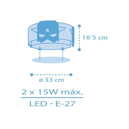 Dalber 61816 - Iluminação de teto para crianças AZUL HERO 2xE27/15W/230V