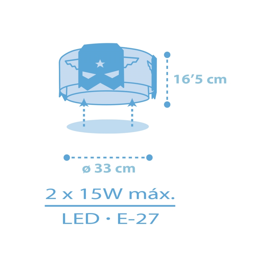 Dalber 61816 - Iluminação de teto para crianças AZUL HERO 2xE27/15W/230V