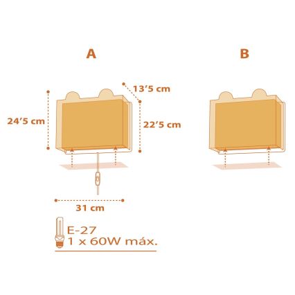 Dalber 64568 - Luz de parede de criança LITTLE TIGER 1xE27/60W/230V