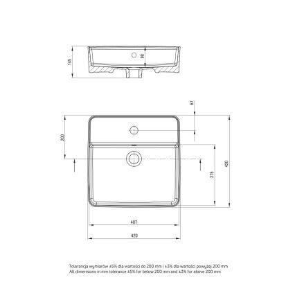 Deante CGS_6U4B - Lavatório para bancada com um orifício para torneira SQUARE 42x42 cm cerâmica/branco