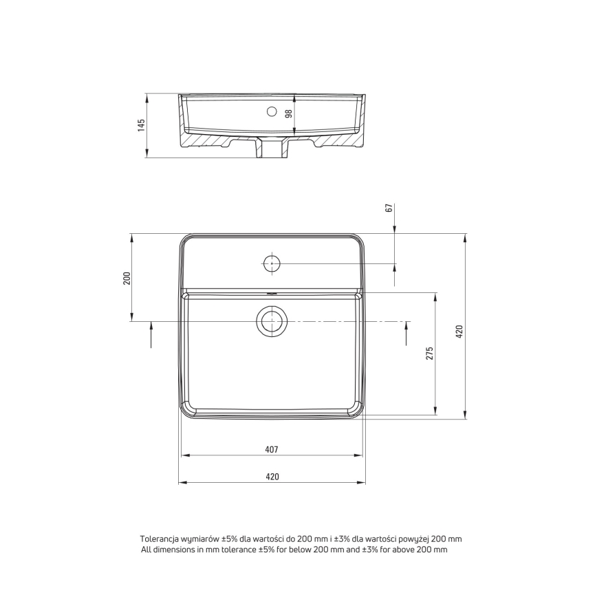 Deante CGS_6U4B - Lavatório para bancada com um orifício para torneira SQUARE 42x42 cm cerâmica/branco