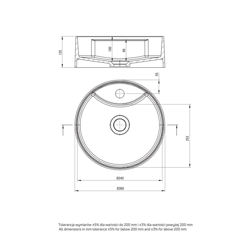 Deante CQS_5U4B - Lavatório para bancada com um orifício para torneira SILIA diâmetro 36 cm granito/bege