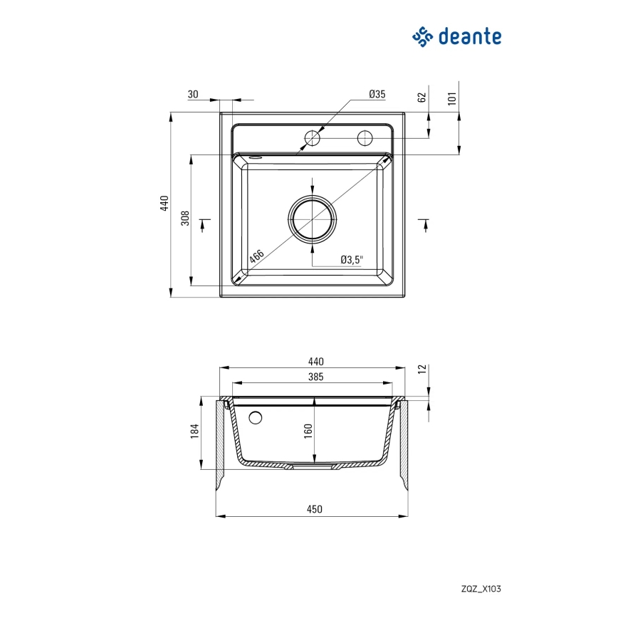 Deante ZQZ_T103 - Cuba de cozinha ZORBA 44x44 cm granito/antracite