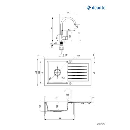 Deante ZQZVA113 - Lava-loiça de cozinha ZORBA 76x44 cm + sink tap granito/alabastro
