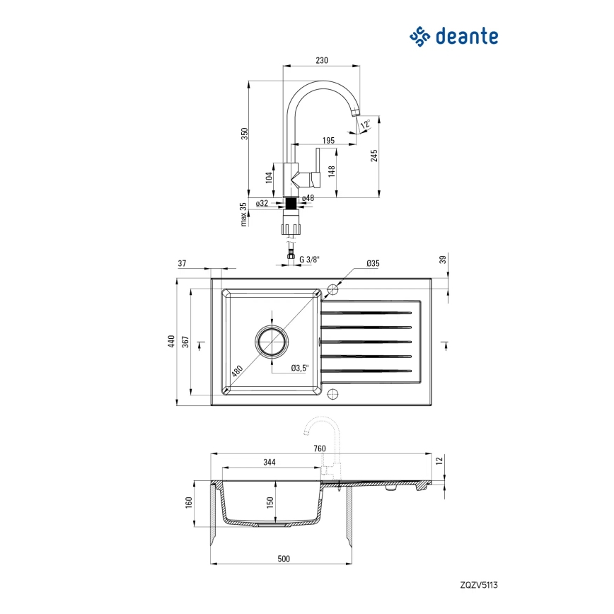 Deante ZQZVA113 - Lava-loiça de cozinha ZORBA 76x44 cm + sink tap granito/alabastro