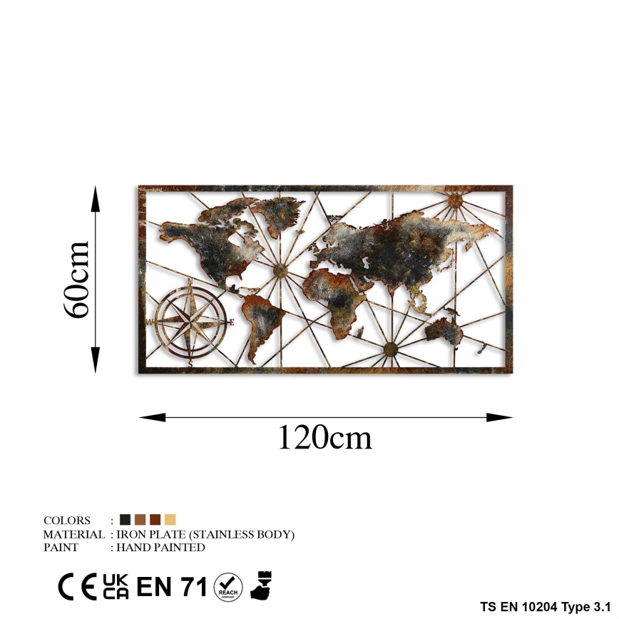 Decoração de parede 120x60 cm mapa-mundo metal