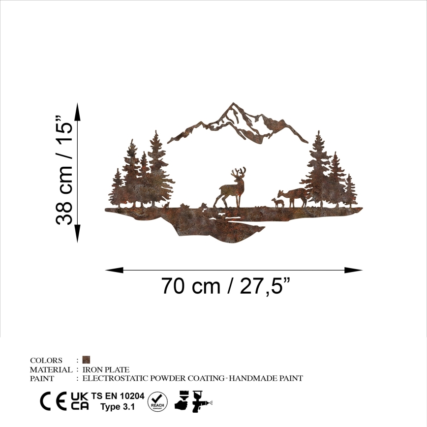 Decoração de parede 2 pçs 70x38 cm veado metal/castanho