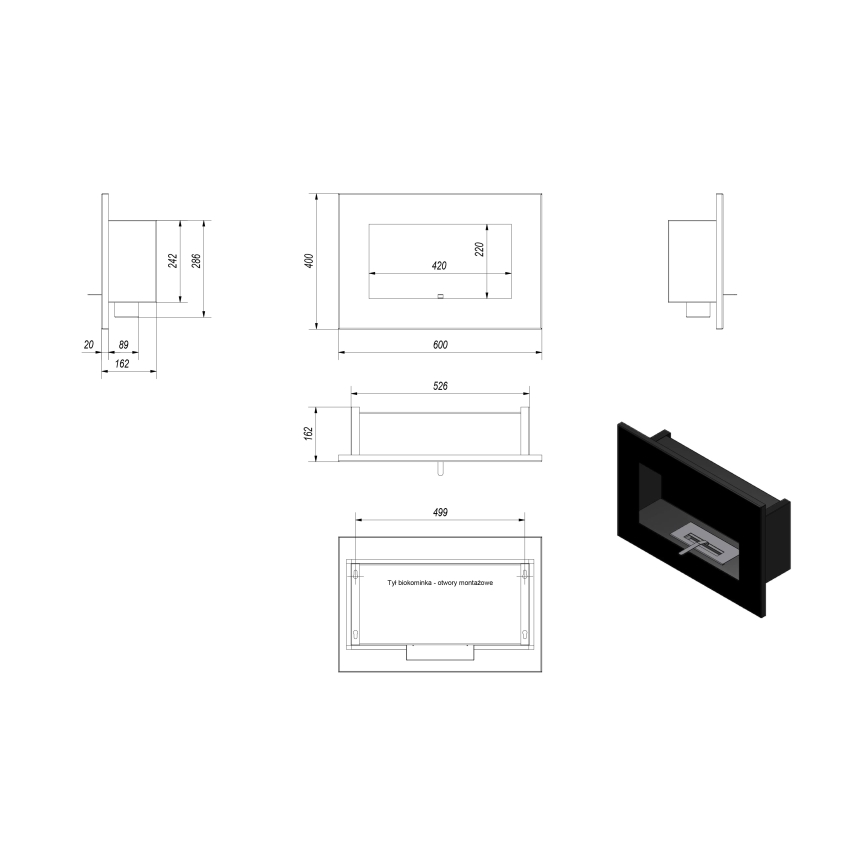 Kratki - Lareira embutida BIO 40x60 cm 2kW preta