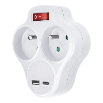 Divisor de tomadas com carregador USB A+C e interruptor 2x10A branco