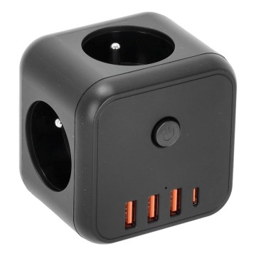 Divisor de tomadas com interruptor LINEA 3x230V + 4xUSB A/C preto