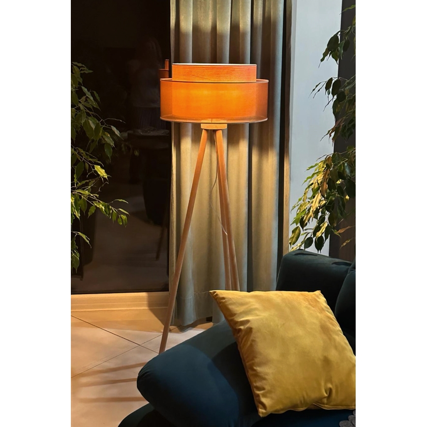 Duolla - Candeeiro de chão WOOD BOHO 1xE27/15W/230V diâmetro 45 cm cobre/castanho/bege