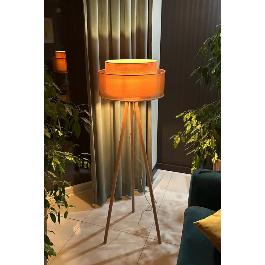 Duolla - Candeeiro de chão WOOD BOHO 1xE27/15W/230V diâmetro 45 cm cobre/castanho/bege