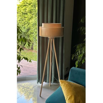 Duolla - Candeeiro de chão WOOD BOHO 1xE27/15W/230V diâmetro 45 cm cobre/castanho/bege