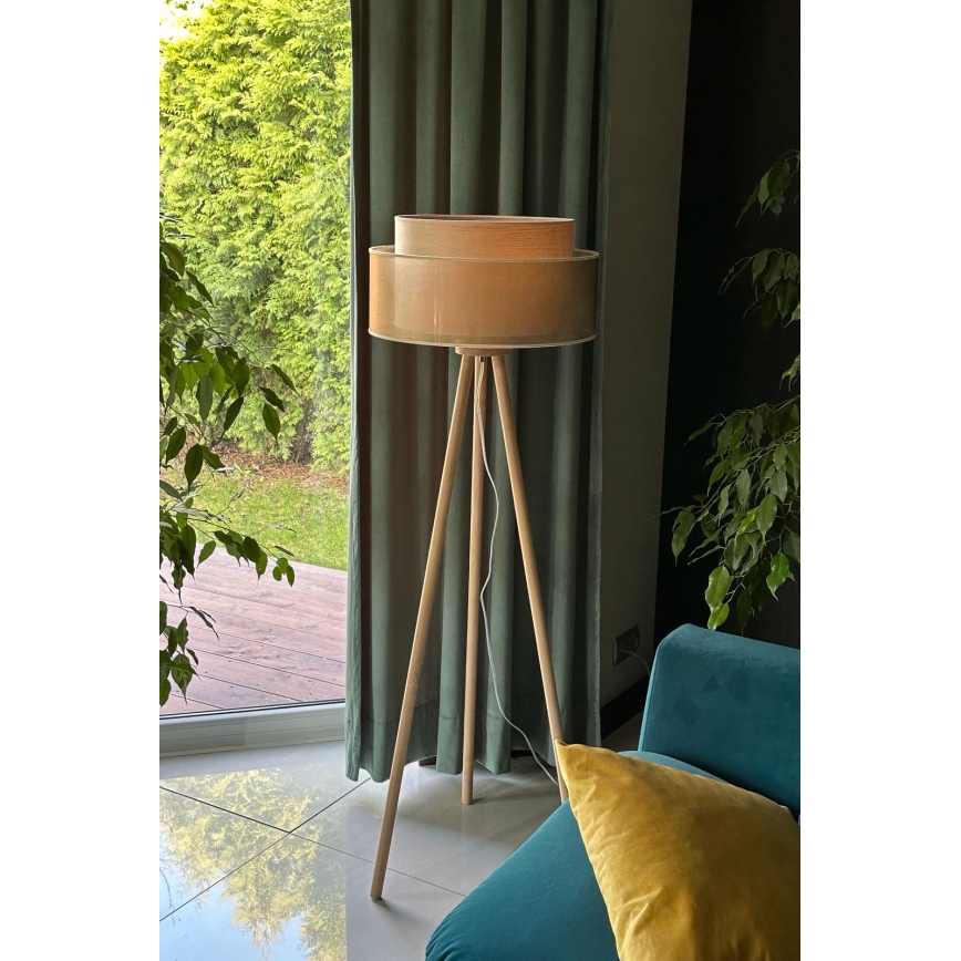 Duolla - Candeeiro de chão WOOD BOHO 1xE27/15W/230V diâmetro 45 cm cobre/castanho/bege