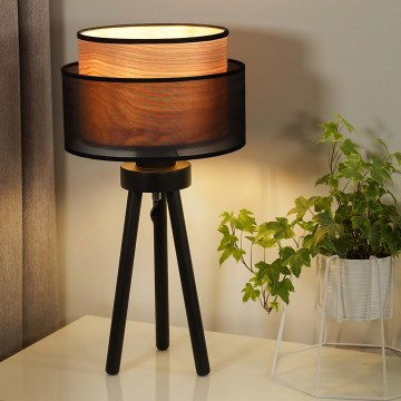 Duolla - Candeeiro de mesa WOOD BOHO 1xE27/15W/230V diâmetro 25 cm preto/bege