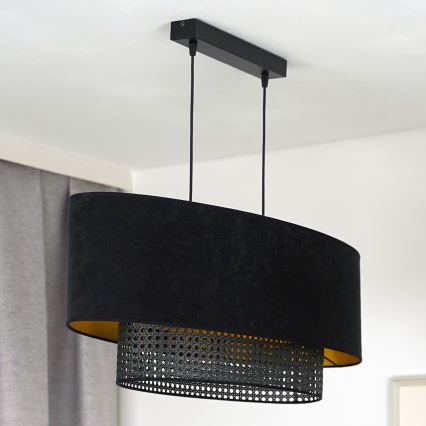 Duolla - Candeeiro suspenso DOUBLE OVAL RATTAN 2xE27/15W/230V preto/vime