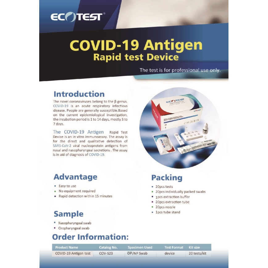 ECOTEST RAPID - Teste Rápido de Antigénio para COVID-19, embalagem de 20pcs