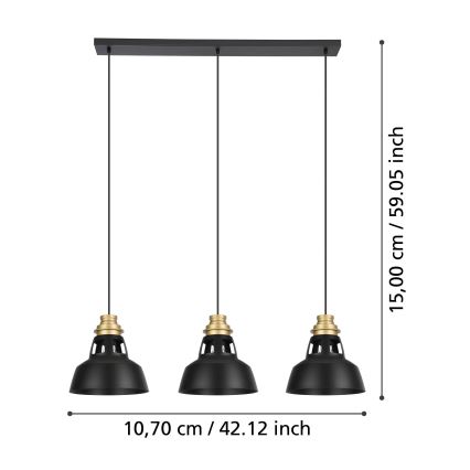 Eglo - Candeeiro suspenso 3xE27/40W/230V preto/dourado