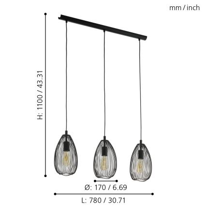 Eglo 49142 - Candelabro num fio CLEVEDON 3xE27/60W/230V