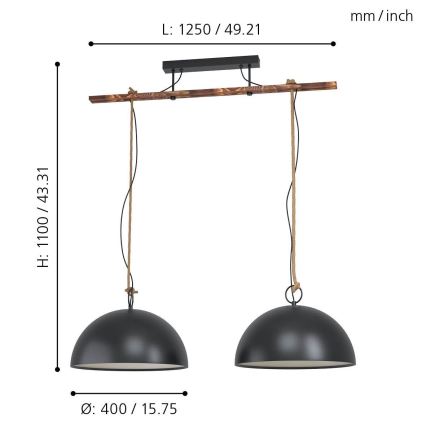 Eglo 78444 - Candeeiro suspenso HODSOLL 2xE27/40W/230V preto/castanho