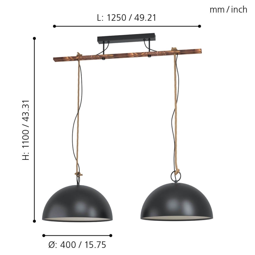 Eglo 78444 - Candeeiro suspenso HODSOLL 2xE27/40W/230V preto/castanho