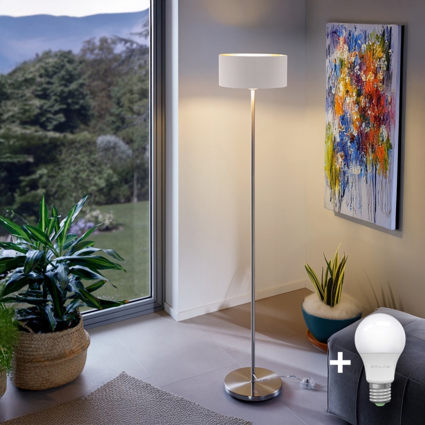 Eglo - Candeeiro de chão LED  TUNJA 1xE27/60W/230V cromado mate/branco