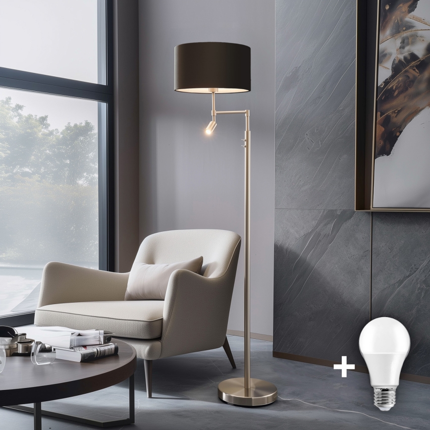 Eglo - Candeeiro de chão LED TUNJA 1xE27/60W/230V + LED/2,1W diâmetro 38 cm cromado mate/castanho