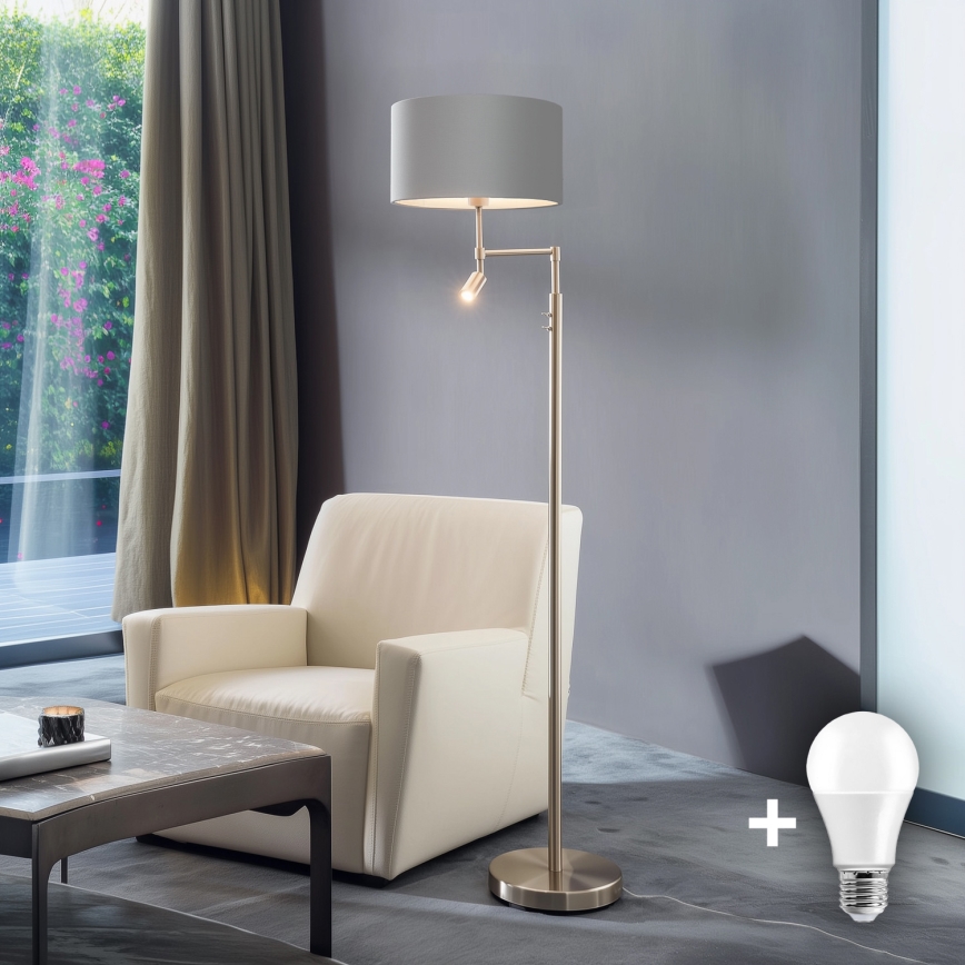 Eglo - Candeeiro de chão LED TUNJA 1xE27/60W/230V + LED/2,1W diâmetro 38 cm cromado mate/cinzento