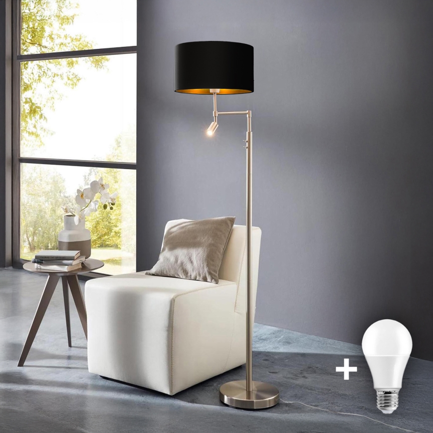 Eglo - Candeeiro de chão LED TUNJA 1xE27/60W/230V + LED/2,1W diâmetro 38 cm cromado mate/preto