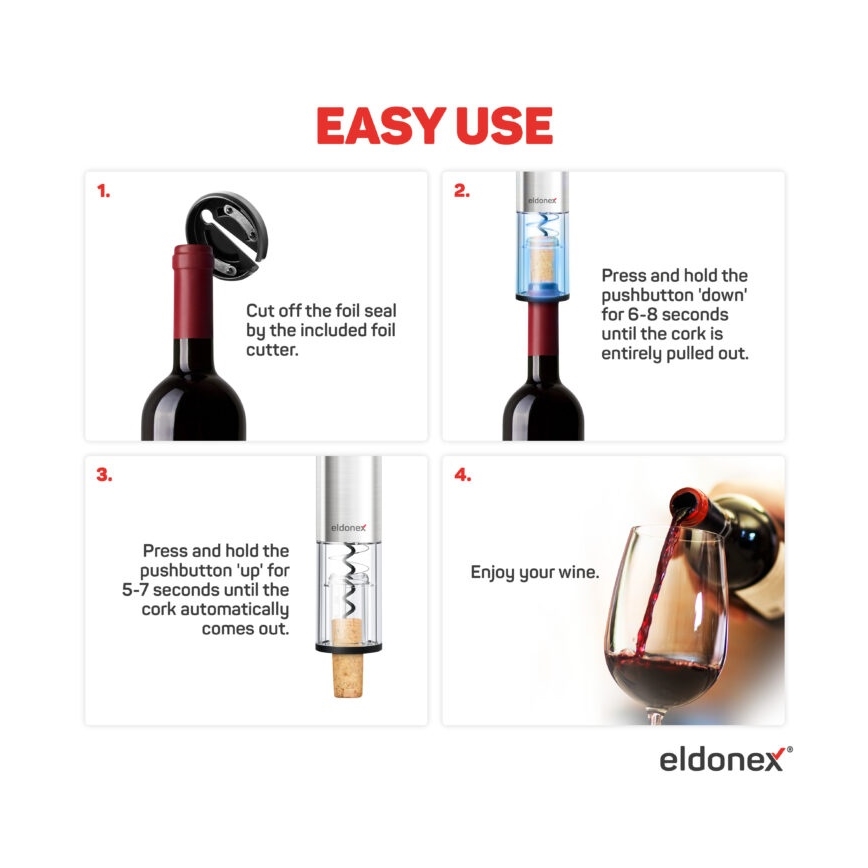 ELDONEX EWO-2200-SL - Abre-vinhos elétrico 4xAA cromado mate