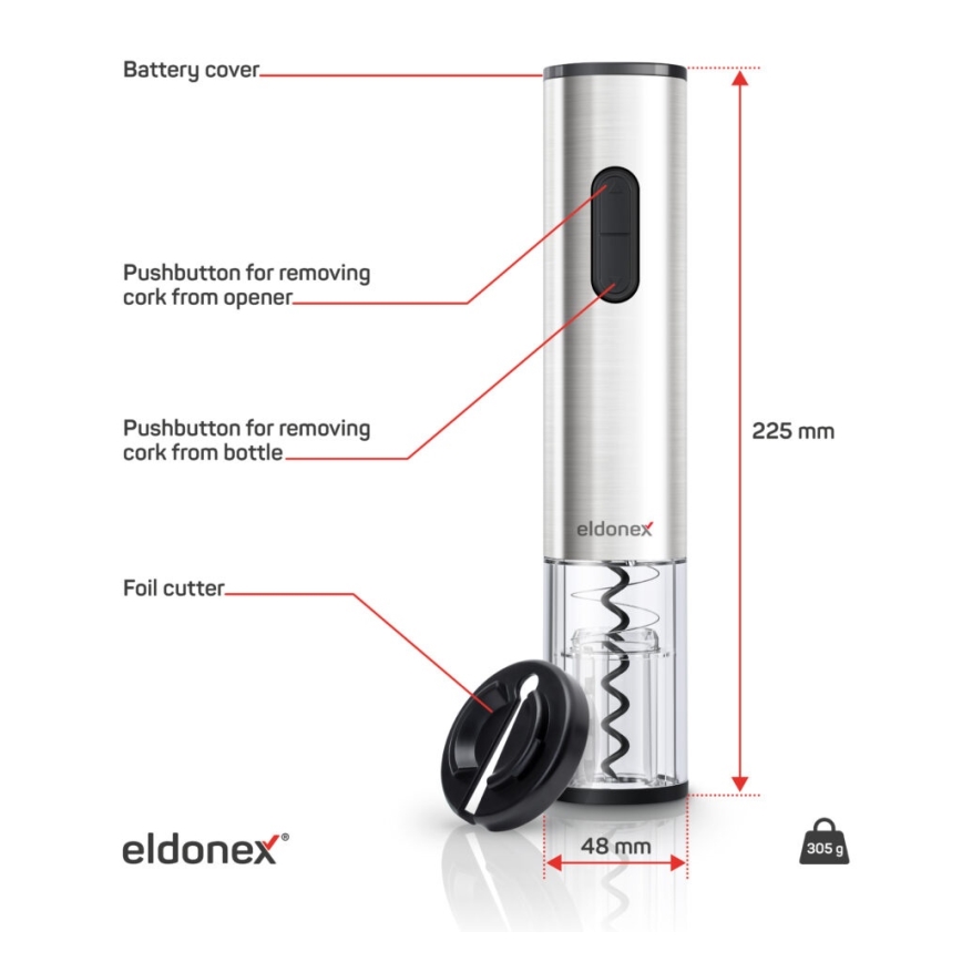 ELDONEX EWO-2200-SL - Abre-vinhos elétrico 4xAA cromado mate