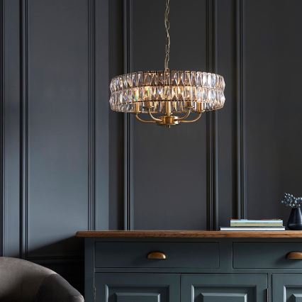 Endon 106244 - Lustre suspenso por corrente CLIFTON 5xE14/6W/230V latão/vidro transparente