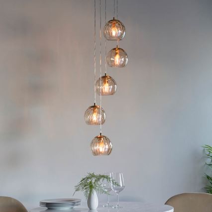 Endon 91972 - Lustre suspenso com cabo DIMPLE 5xE14/7W/230V dourado/bege fumê