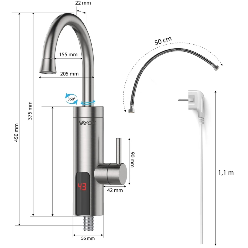 Esquentador de água instantâneo com ecrã LED 3000W/230V IPX4 aço inoxidável