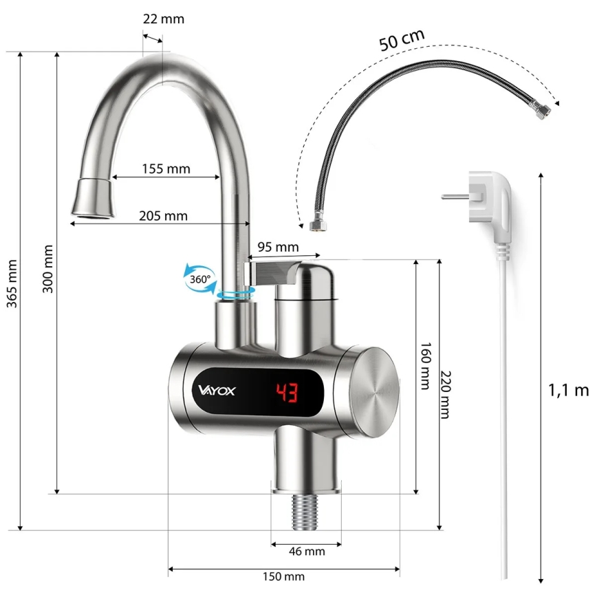 Esquentador de água instantâneo com ecrã LED 3000W/230V IPX4 aço inoxidável