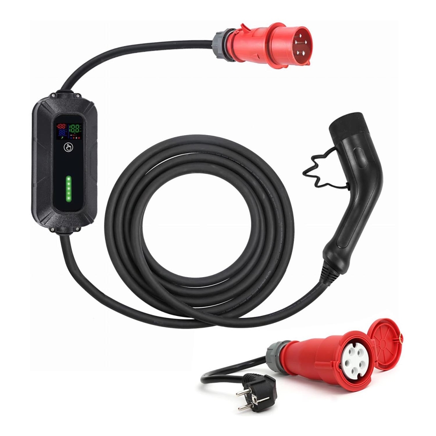 Estação de carregamento de viagem para carros elétricos EV/PHEV AC Tipo 2 16A/400V 11kW IP55 7m + adaptador 230V 3,7kW + caso