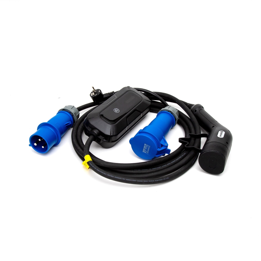 Estação de carregamento de viagem para carros elétricos EV/PHEV AC Tipo 2 32A/230V 7,4kW IP55 5m + adaptador 230V 3,7kW + capa
