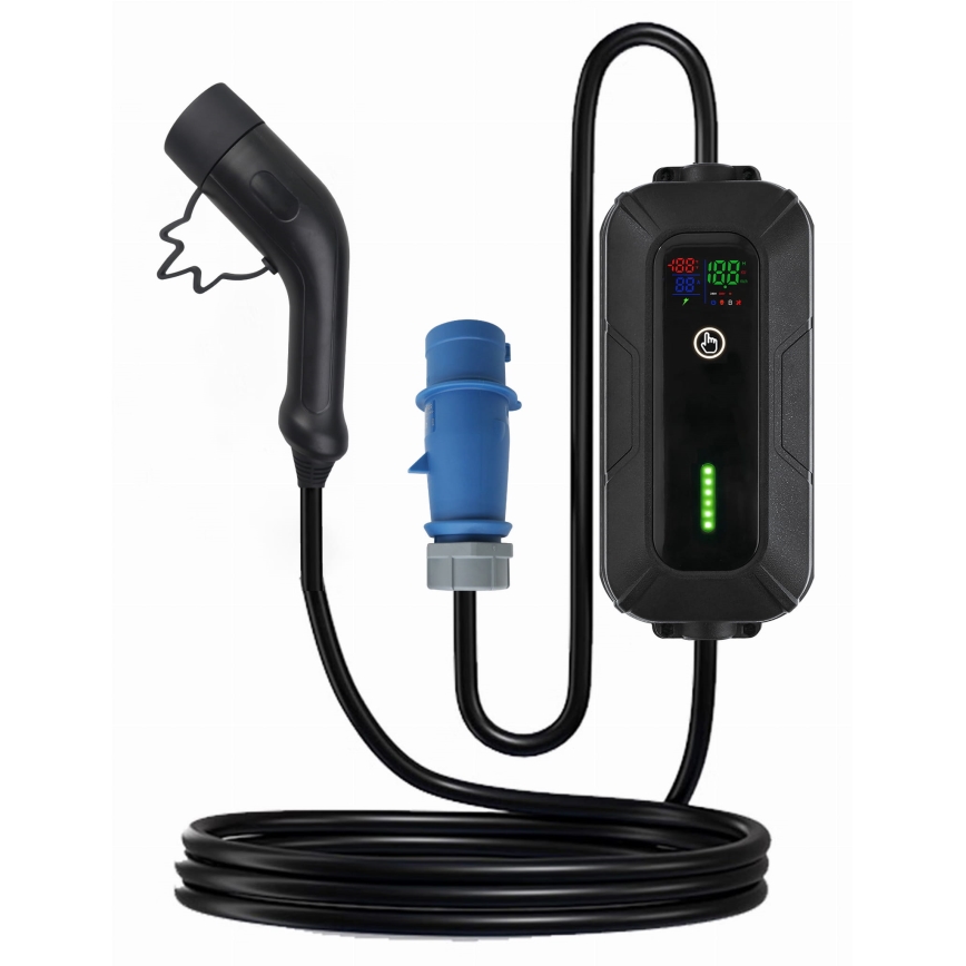 Estação de carregamento de viagem para carros elétricos EV/PHEV AC Tipo 2 32A/230V 7,4kW IP55 5m + adaptador 230V 3,7kW + capa