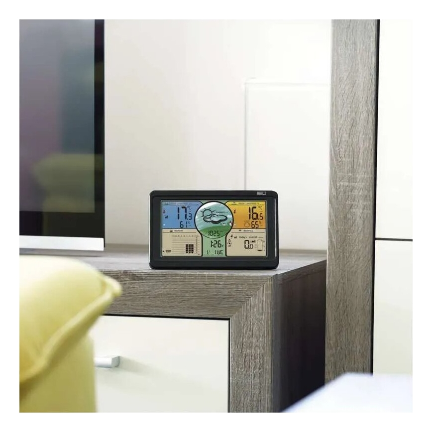Estação meteorológica sem fios com ecrã LCD a cores e pluviómetro 3xAAA preto