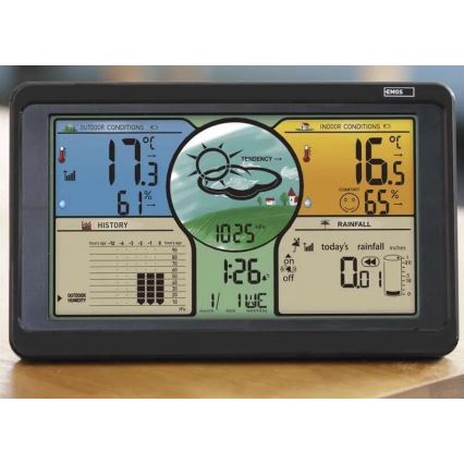 Estação meteorológica sem fios com ecrã LCD a cores e pluviómetro 3xAAA preto