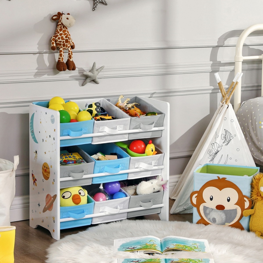 Estante de armazenamento infantil com caixas de tecido ANET azul/branco