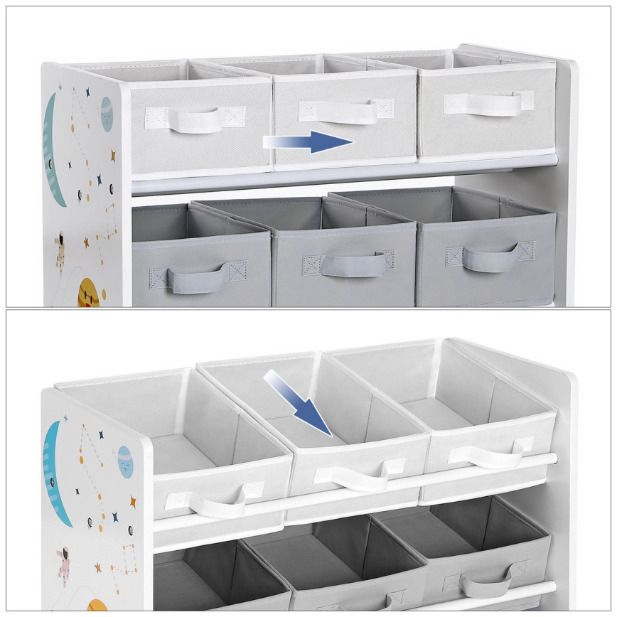 Estante de armazenamento infantil com caixas de tecido ANET azul/branco