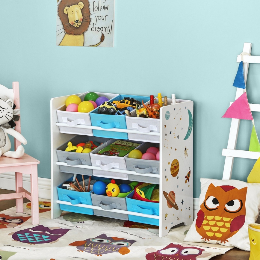 Estante de armazenamento infantil com caixas de tecido ANET azul/branco