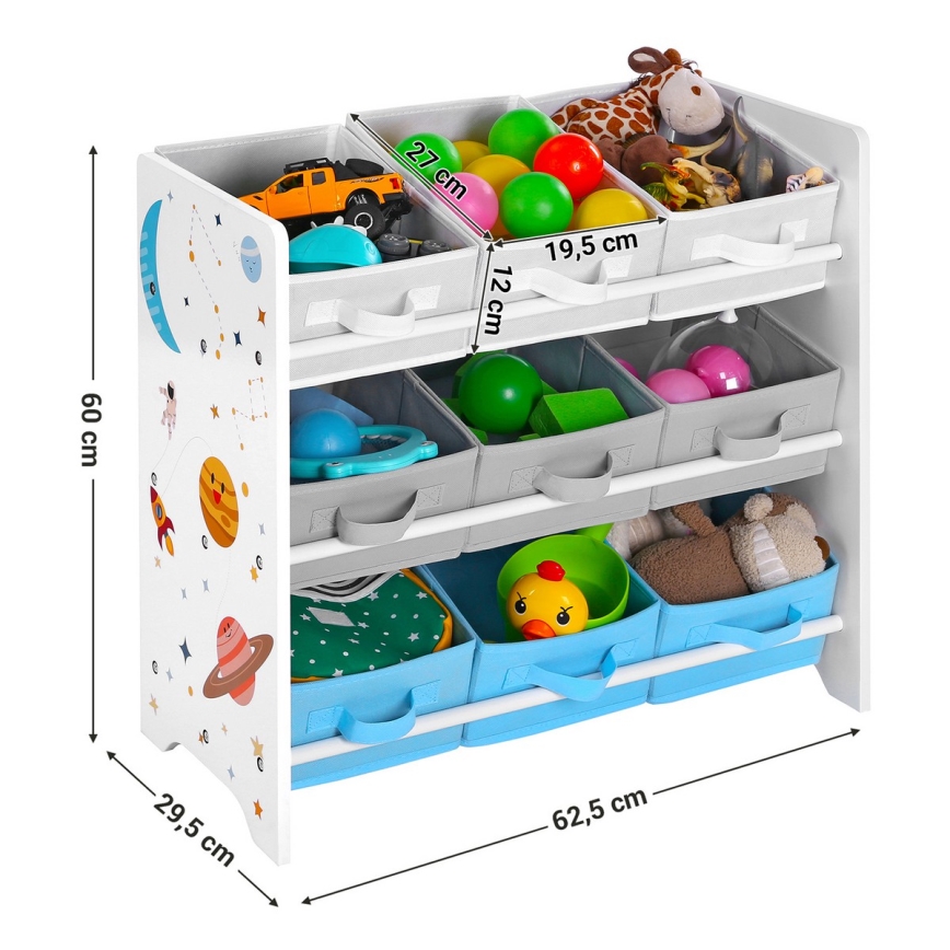 Estante de armazenamento infantil com caixas de tecido ANET azul/branco