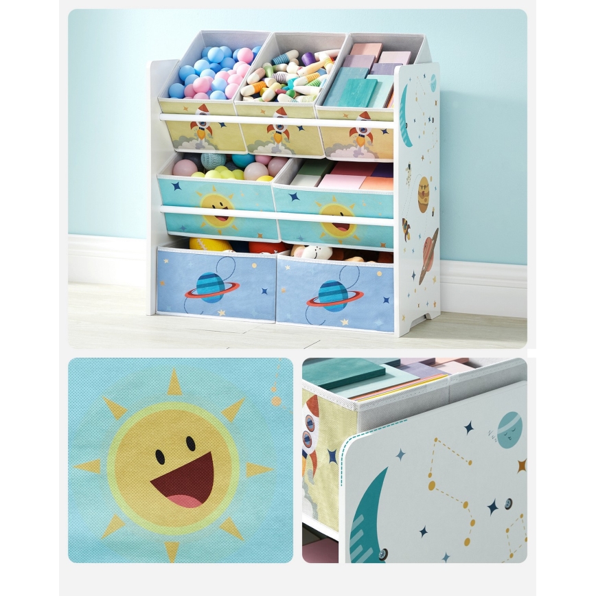 Estante de armazenamento infantil com caixas de tecido ANET azul/branco
